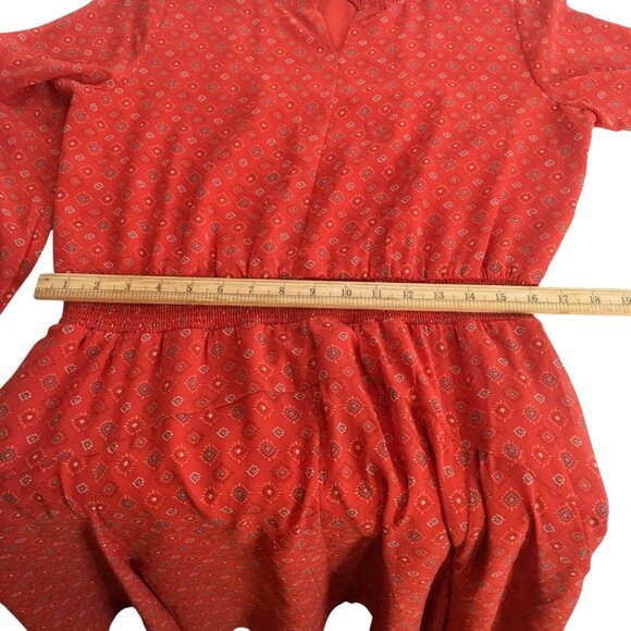 Boho Handkerchief hem Dress Women Large 12/14 red Orange print Long Sleeve - Picture 12 of 16